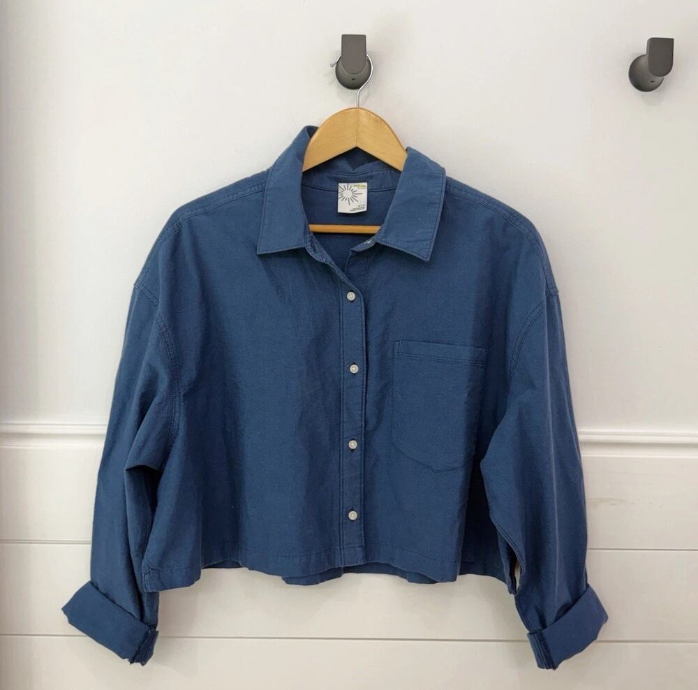 OFFLINE by Aerie Women’s Blue Solid Collared Woven Cropped Button-Up M